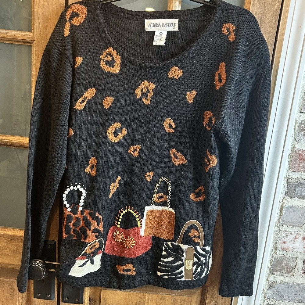 Victoria Harbour Sweater Womens Small Black Leopard Print Handbag Beaded Vintage
